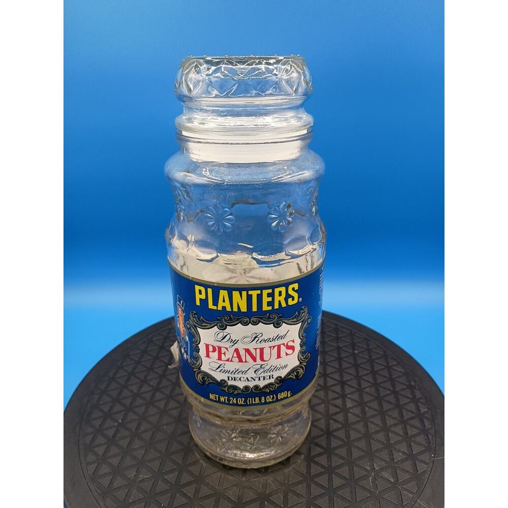 Vintage 1980 Planters Mr. Peanut Glass Jar With Lid and Label - 10” Tall